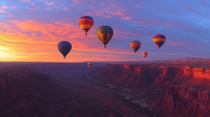 Obraz premium Colorful hot air balloons floating over a scenic canyon at sunset.
