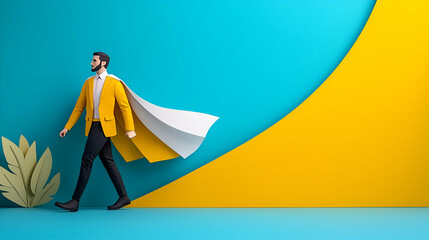 Obraz premium A man in a yellow jacket walks confidently against a vibrant blue and yellow background, symbolizing creativity and ambition.