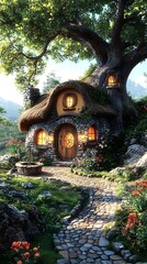 Fototapeta premium A whimsical fairy-tale style rabbit cottage with a thatched roof round windows and a courtyard with a grand oak tree in warm beige and light brown hues