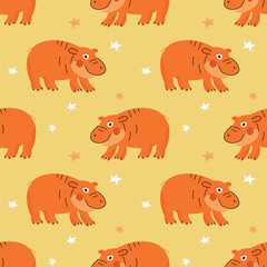 Vector seamless pattern with little hippos on yellow background. Modern design for fabric and paper, surface textures. 