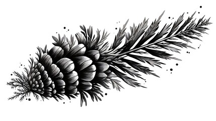 A detailed black and white illustration of a pine cone with surrounding foliage.