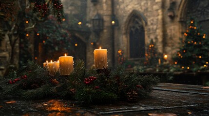 Festive Candles Adorn Christmas Wreath In Ancient Courtyard