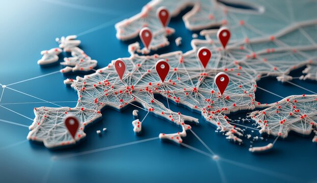 3D map of Europe with red pins for travel planning