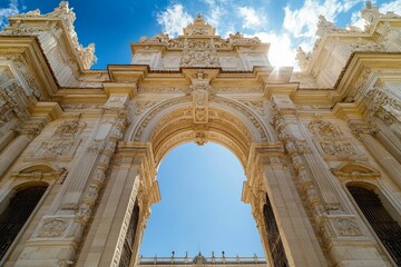Obraz premium Ornate stone archway, intricate carvings, sunny sky.