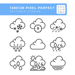 Obraz premium Clouds related linear icons set. Weather forecasting. Overcast and precipitation. Atmospheric pressure. Customizable thin line symbols. Isolated vector outline illustrations. Editable stroke