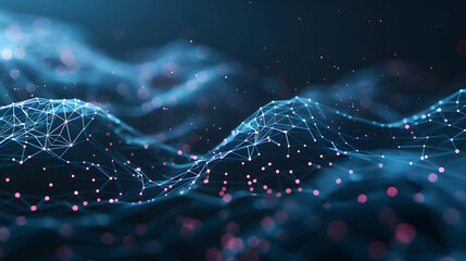 Naklejka premium Abstract image of glowing data points and lines forming a wavy grid on a dark background, representing digital connectivity