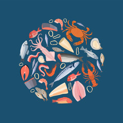 Fototapeta premium seafood background. fishes illustration in circle shape marine or ocean products