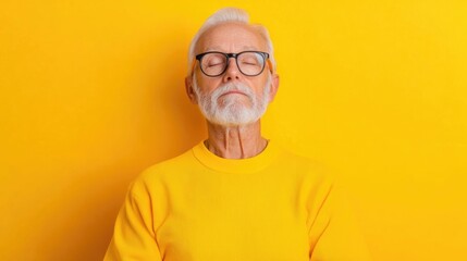 Senior man with gray beard and eyeglasses practicing guided breathing exercise against yellow background improving mental calmness and overall wellness through relaxation techniques