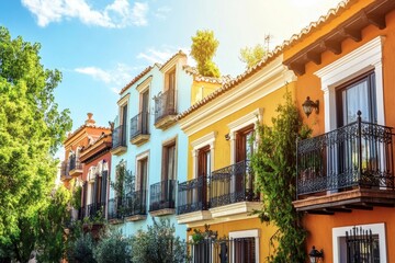 Obraz premium Colorful buildings, balconies, vibrant street, sunny day.