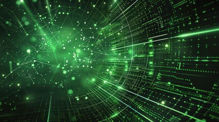 Obraz premium Abstract green digital tunnel with glowing lines and particles.