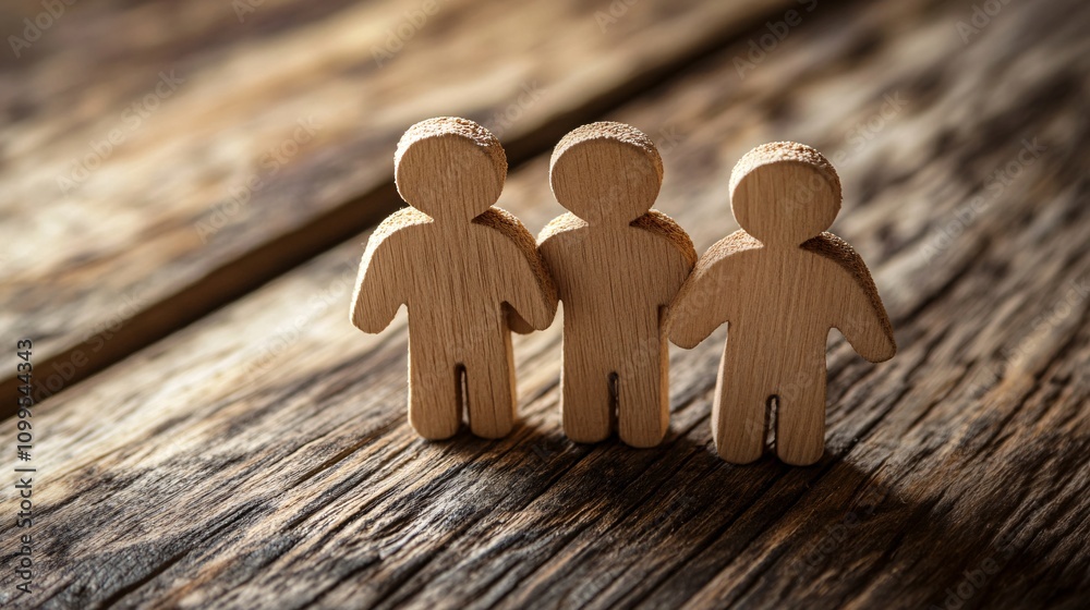 Poster Three wooden figures holding hands on rustic wood background symbolizing unity and teamwork