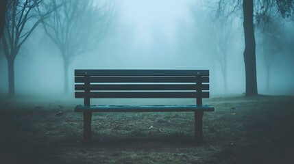 Fototapeta premium Lonely Bench In A Foggy Forest Scene