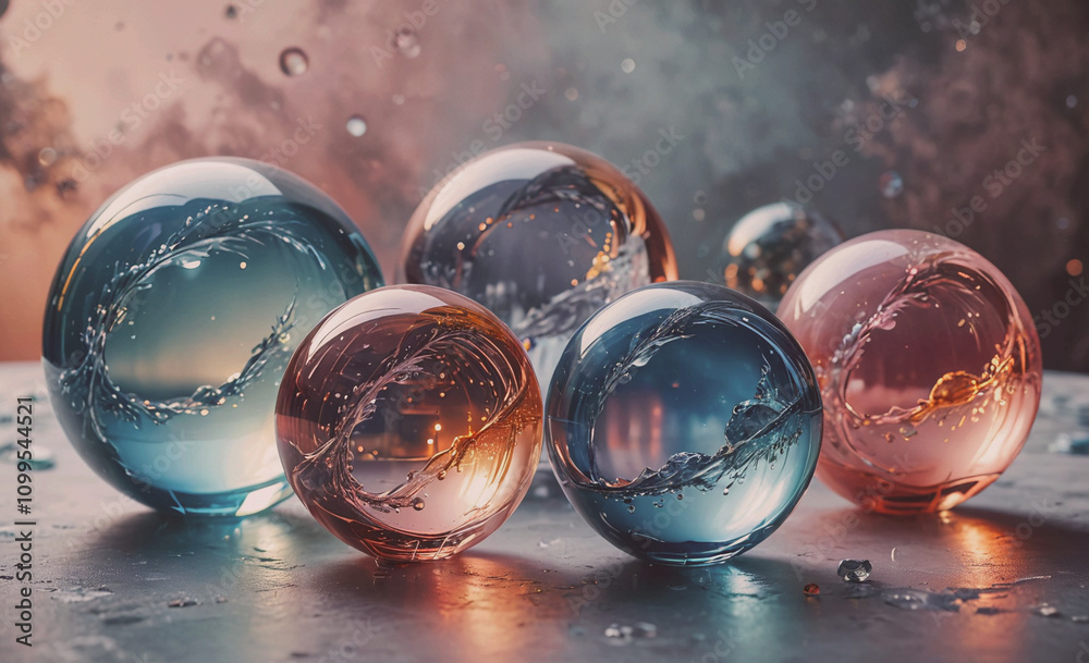 Aufkleber group of glass spheres with water inside. the spheres are of different colors and sizes. the water i