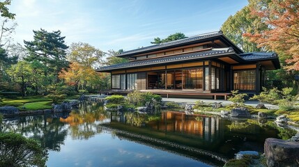 Fototapeta premium A picturesque Japanese home with a peaceful pond and vibrant trees, blending architecture harmoniously with nature.