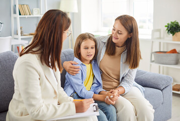 Child psychologist and mother parent kind care, professional comforting teen boy, giving sympathy,...