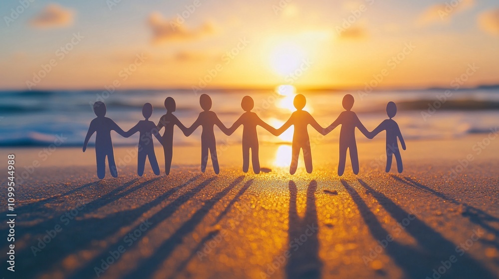 Poster paper chain of people holding hands on beach at sunset symbolizing unity and teamwork