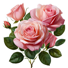 Realistic rose flowers with vibrant green leaves beautifully isolated on a transparent background, created with generative AI