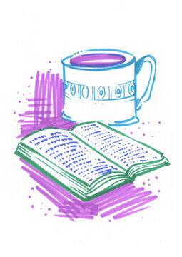 recommend clip art: A cup of coffee or tea with a book, a diary, a drawing on a white background. A notebook with a mug of tea, an illustration with a felt-tip pen. Sketch, book icon, doodle drawing