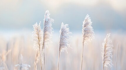 Fototapeta premium A serene image of frost-covered plants in soft focus, creating a tranquil winter landscape