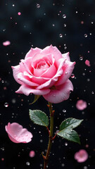 Pink rose with falling petals on a black background. Valentine's Day celebration, flowers online, flower store, festive vertical futage and design element