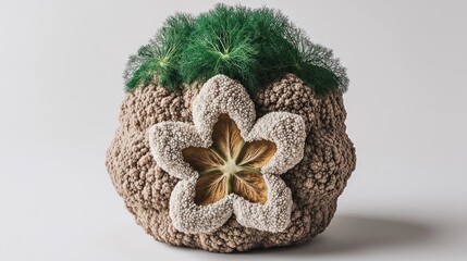 Abstract floral sculpture with textured base and green foliage