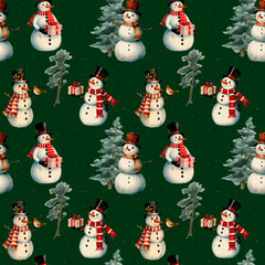 Seamless Christmas pattern with the image of a snowman on a white background. Christmases snowy ornament. Packing digital paper, design fabric, wallpaper