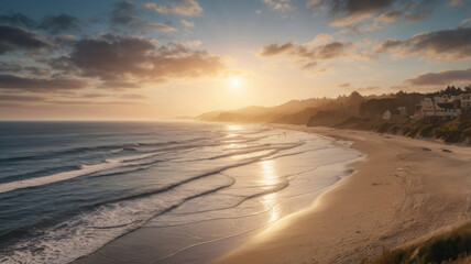 A high angle view of a beach at dawn, with gentle waves