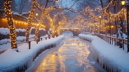 Snowy Canal Scene With Festive Holiday Lights