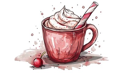 A pink cup filled with whipped cream and a straw, accompanied by a cherry.