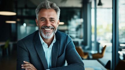 Fototapeta premium Confident middle-aged man with gray hair and beard smiling in a modern office environment