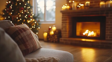 Obraz premium Cozy Christmas living room scene with fireplace and tree
