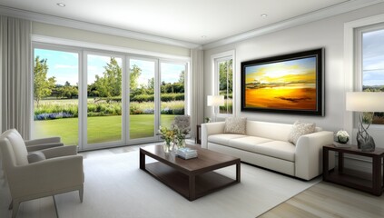 Fototapeta premium Simple living room with light-colored wooden floors and pastel accents