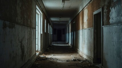 Fototapeta premium An abandoned buildings long hallway has many windows and doors