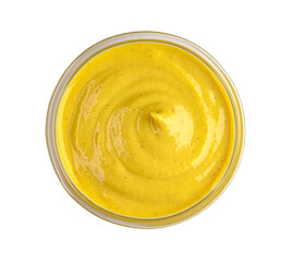 Round glass bowl with yellow mustard isolated on white, top view, clipping path, PNG