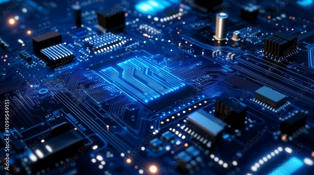 Poster the image depicts a high-resolution close-up view of a computer circuit board