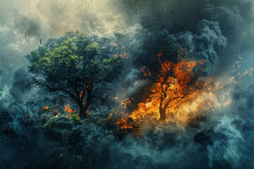 Fototapeta premium A vibrant forest transitioning to scorched, charred trees with thick smoke rising, highlighting environmental devastation from forest fires.