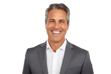 Smiling white businessmen in suit on transparent background. Men in work clothes. Rich men. Business boss. Boss of a start-up. European men. French men. American men. Isolated image. Png cut out