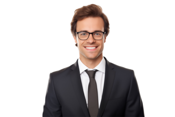 Smiling white businessmen in suit on transparent background. Men in work clothes. Rich men. Business boss. Boss of a start-up. European men. French men. American men. Isolated image. Png cut out