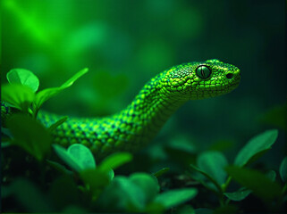 Fototapeta premium Green tree snake symbol of 2025 in the jungle near the water