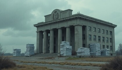 Fototapeta premium Symbolic IRS office with stacked tax forms under cloudy sky