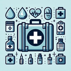 Obraz premium First aid kit flat icons set. Bandage, adhesive plaster, painkiller, antipyretic pills, clinic thermometer, ice gel pack. Vector medical supplies cartoon collection