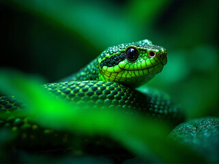 Fototapeta premium Green tree snake symbol of 2025 in the jungle near the water