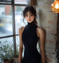 Naklejka premium 美女, 女性, 美しい, 顔, モデル, 日本, 韓国, 中国, アジア, カフェ, ファッション