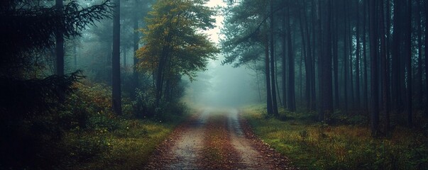 Obraz premium Fog entering forest road between trees in autumn