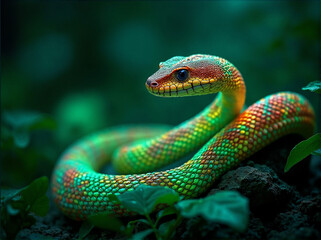 Green tree snake symbol of 2025 in the jungle near the water