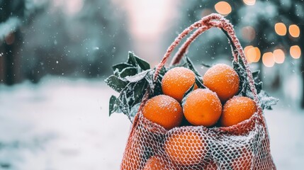 A vibrant image of fresh oranges in a red mesh bag, dusted with snow, creating a festive and refreshing winter mood