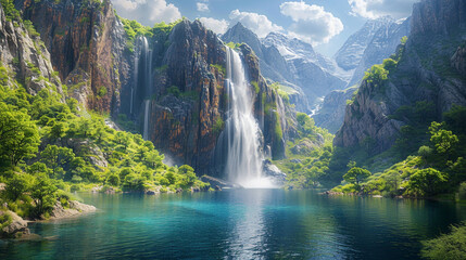 Fototapeta premium A picturesque valley with a gentle waterfall flowing into a mirror-like lake. The scene is framed by dense forest and steep cliffs, capturing nature's tranquility.