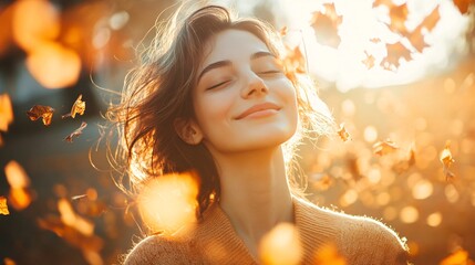 Fototapeta premium Young woman with closed eyes enjoys autumn sunlight and falling leaves