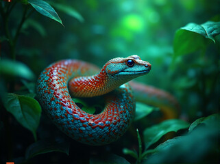 Green tree snake symbol of 2025 in the jungle near the water