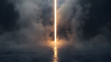 Obraz premium Golden Light Beam Piercing Through Dark Clouds and Mist